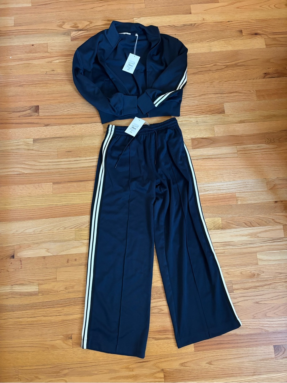 Good American Navy Zip up and Wide-Leg Track Pants with Ivory Side Stripes